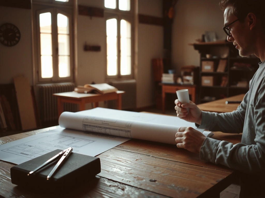 Architecte étudiant des plans à l'atelier